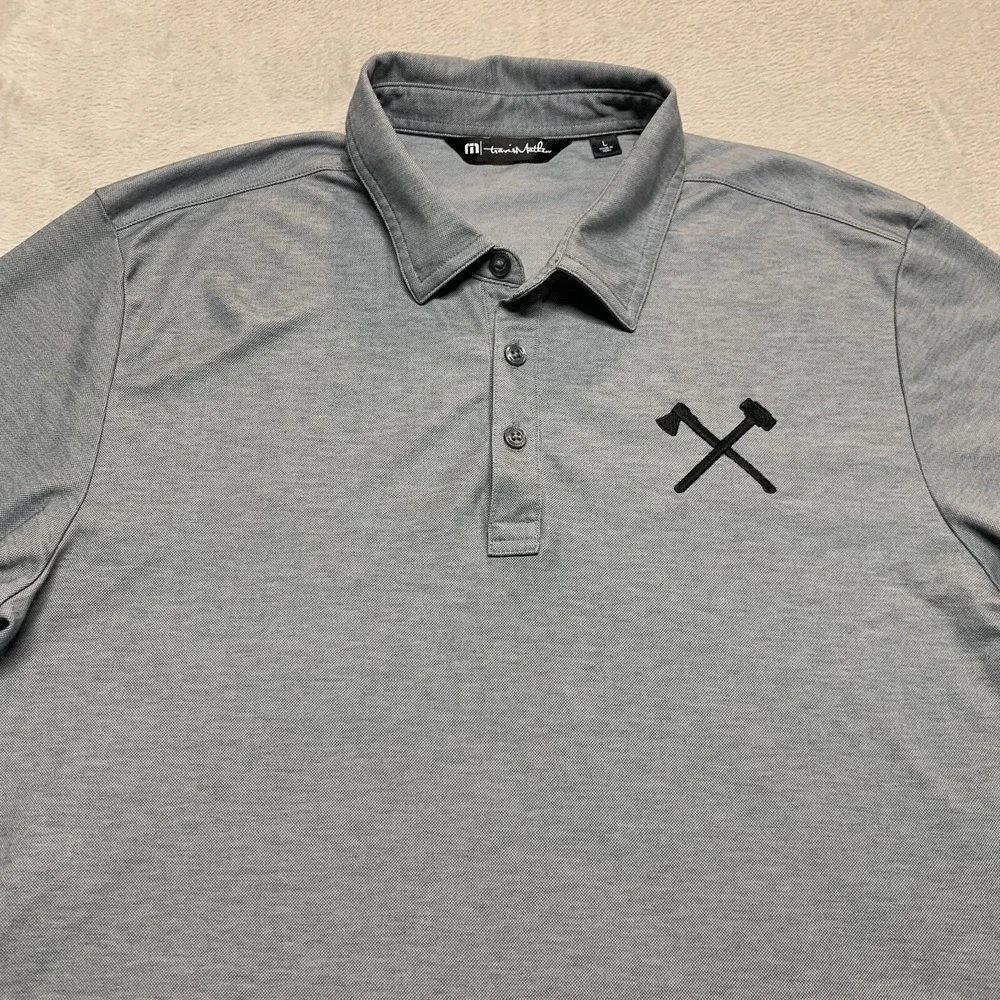 Travis Mathew Polo Shirt Mens L Gray Short‎ Sleeve Lumberjack Axe Man